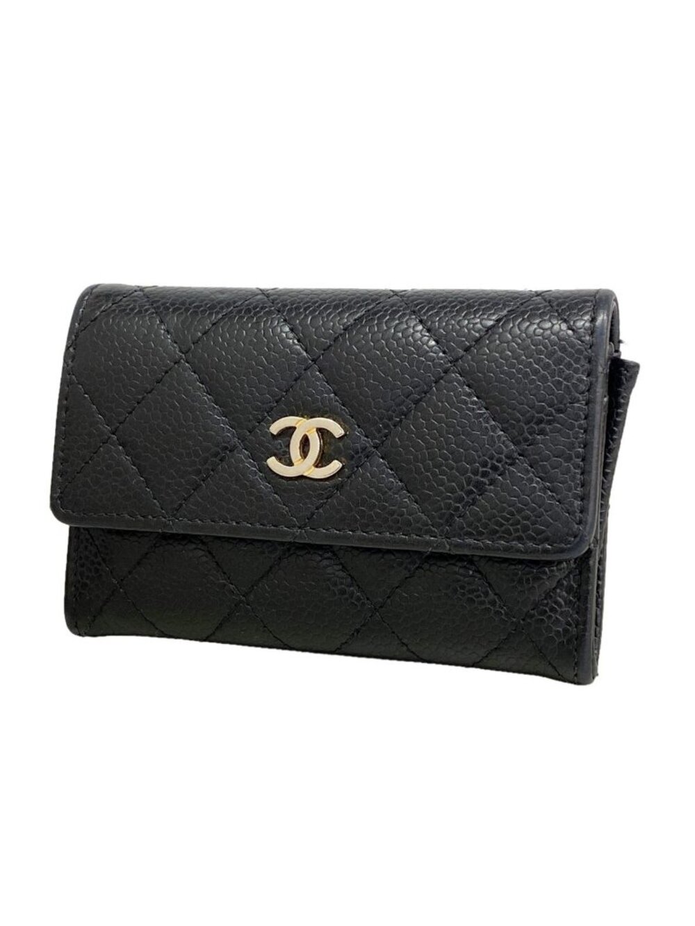 Chanel Card Case Quilted Caviar Leather Black Gold